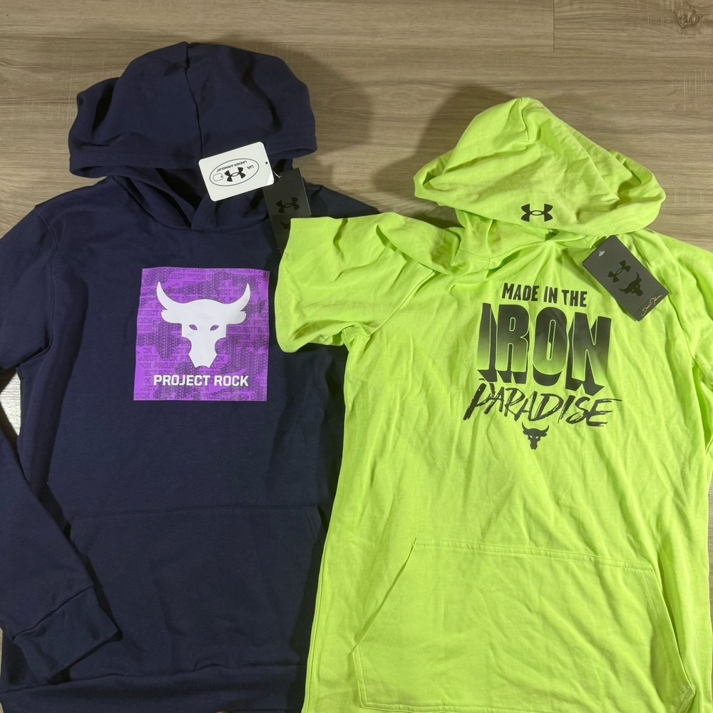 Lot 2 Project Rock Under Armour Navy Blue Hoodie And Hooded Shirt Size Youth XL‎